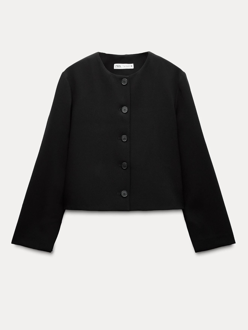 ZARA Black Round-Neck Cropped Button Jacket